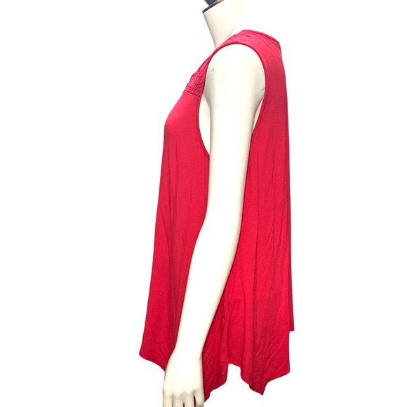 Adrianna Papell Red Sleeveless Tunic Embroidered Front Handkerchief Hem Upscale - Picture 3 of 11
